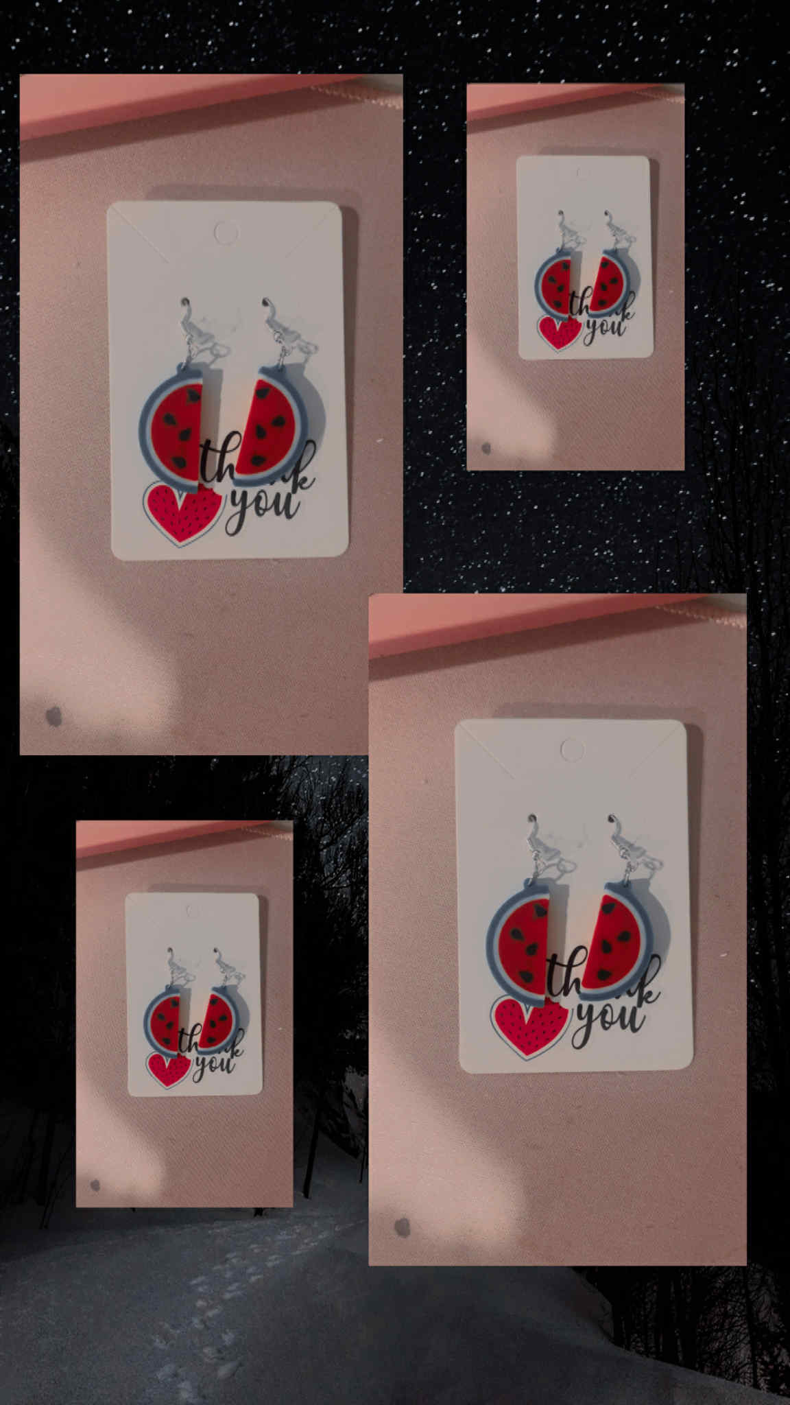 “Handmade watermelon slice dangle earrings with thank you card packaging.”
“Close-up of lightweight red and green watermelon earrings with hypoallergenic hooks.”
“Summer fruit-themed watermelon jewelry gift for her.”