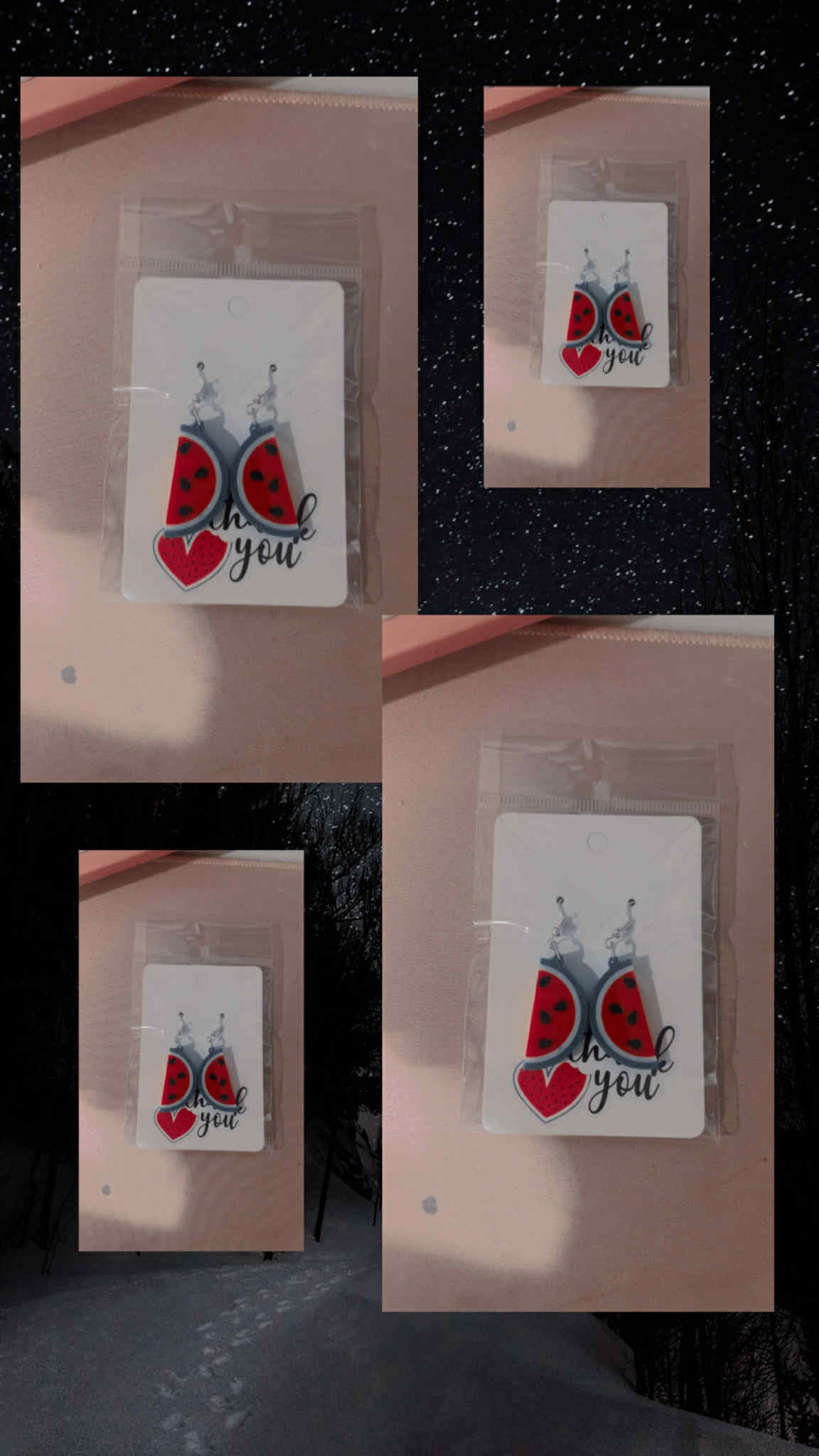“Handmade watermelon slice dangle earrings with thank you card packaging.”
“Close-up of lightweight red and green watermelon earrings with hypoallergenic hooks.”
“Summer fruit-themed watermelon jewelry gift for her.”