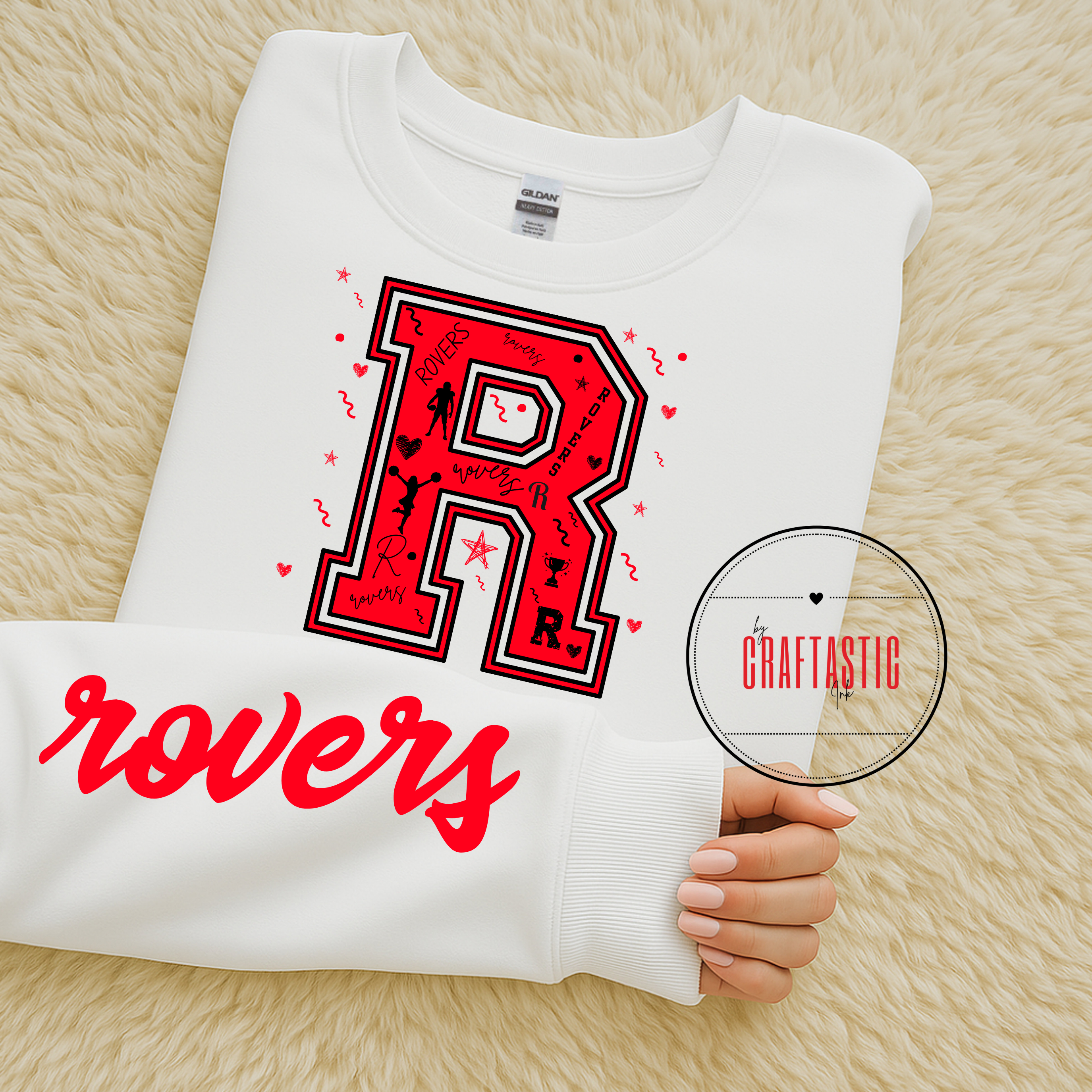 White Rovers varsity letter “R” sweatshirt with red graphics and matching sleeve print.