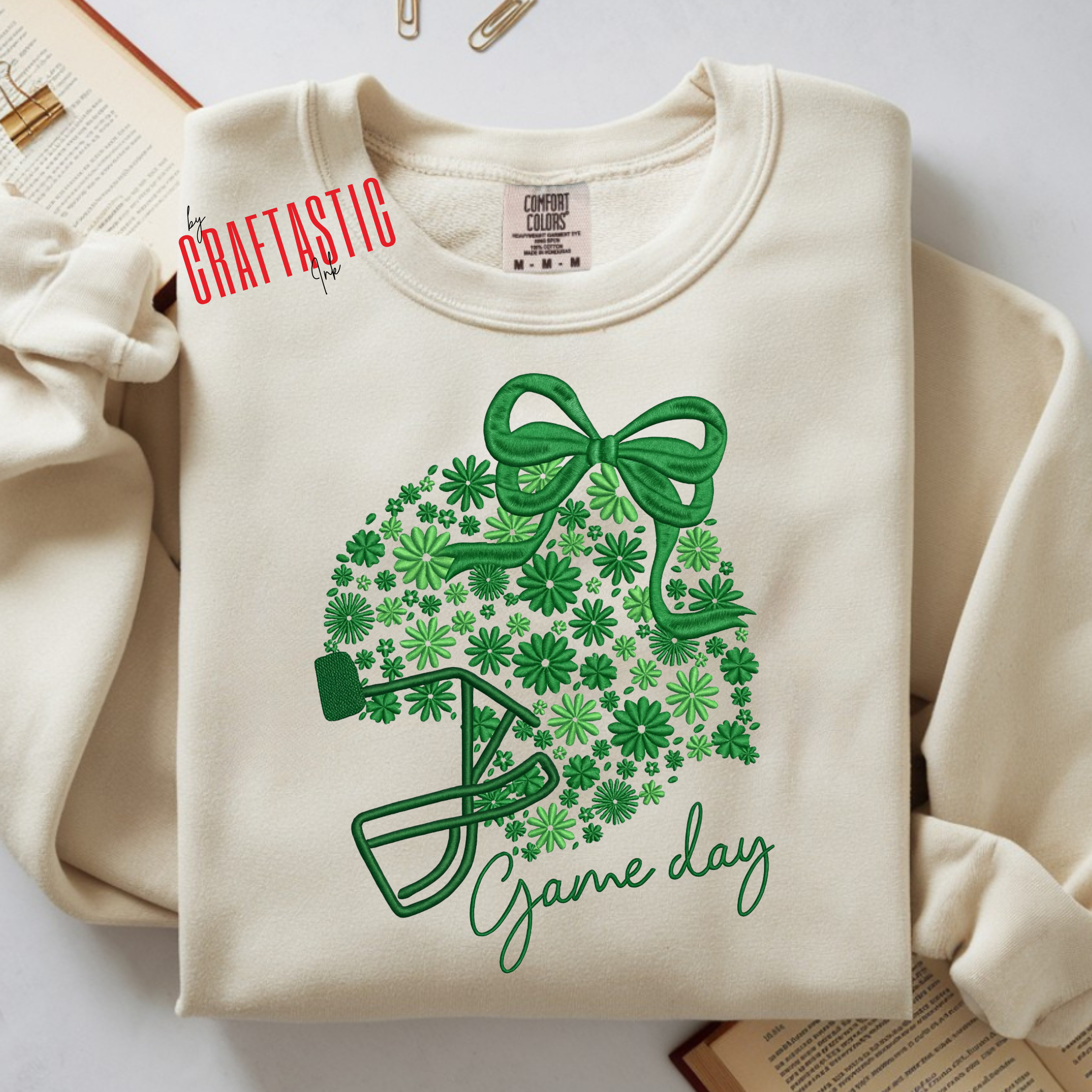 Game Day sweatshirt with green floral football helmet and bow – Panthers school spirit crewneck”