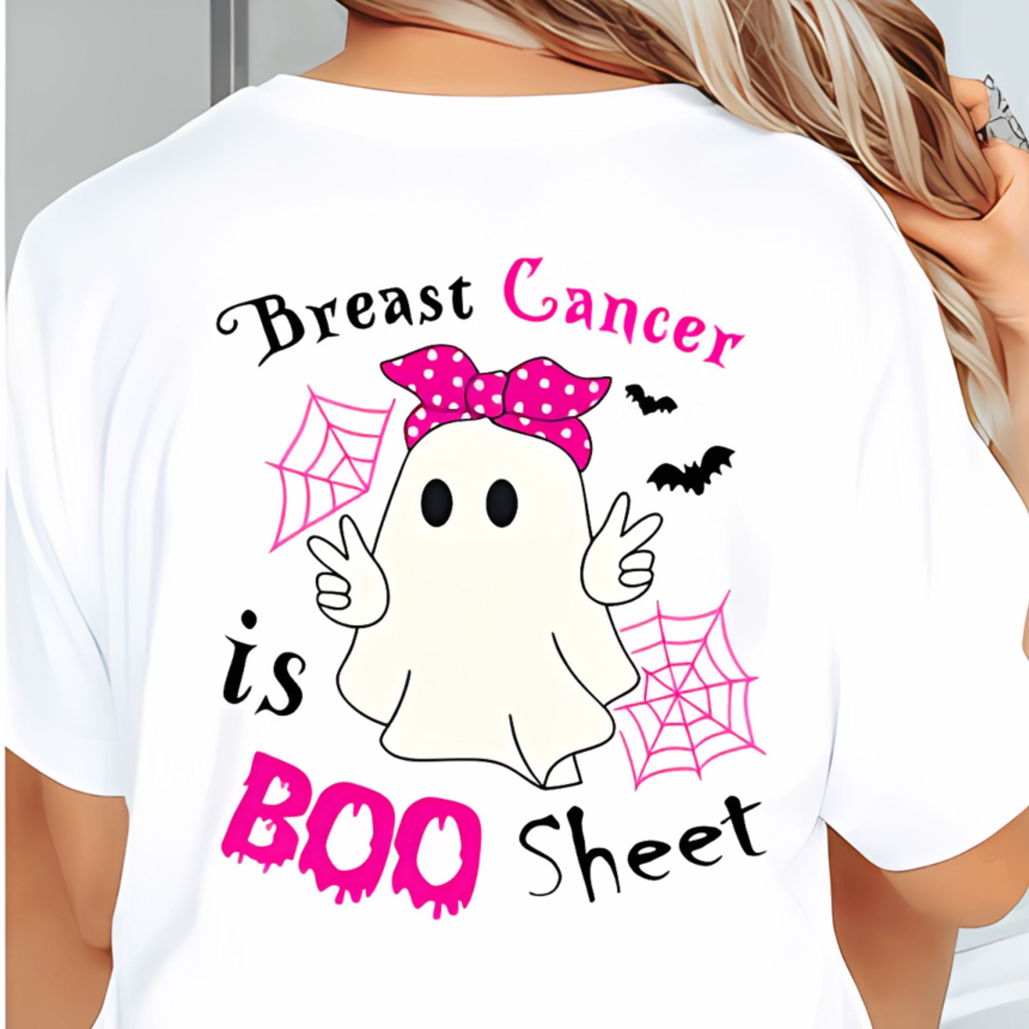 Breast cancer DTF transfer Boo sheet design. Cute ghost DTF, Breast cancer awareness, Halloween DTF transfer, Pink ribbon transfer, Breast cancer ghost, Cute Halloween transfer, Boo sheet breast cancer, Awareness DTF design, Ghost DTF transfer, Breast cancer cute ghost, Halloween awareness design, Boo sheet DTF, Cute ghost awareness,