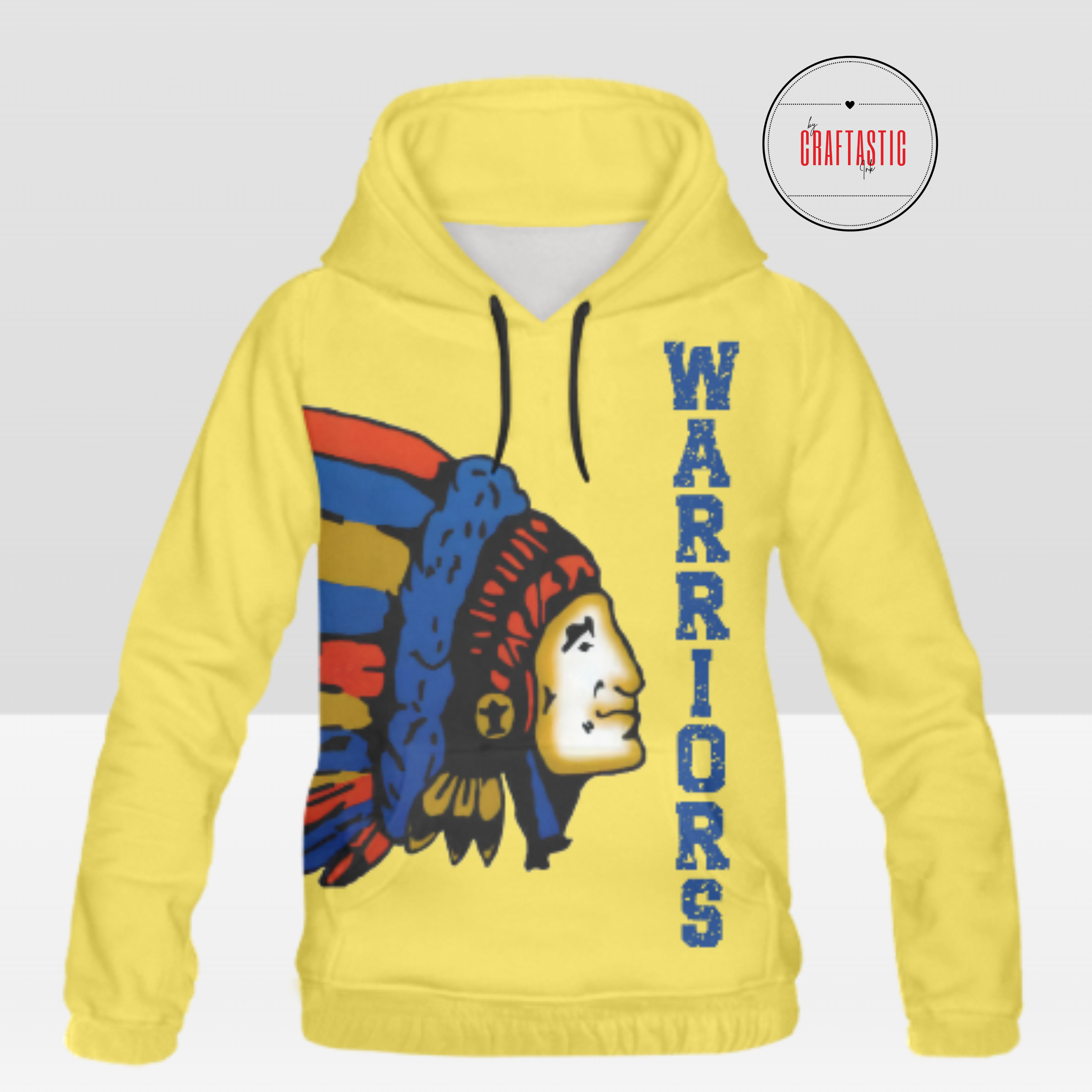 “Wilson Warriors Game Day Hoodie – Yellow sweatshirt with Warrior mascot in red, blue, and gold, vertical text reading ‘Warriors’ on front.”
