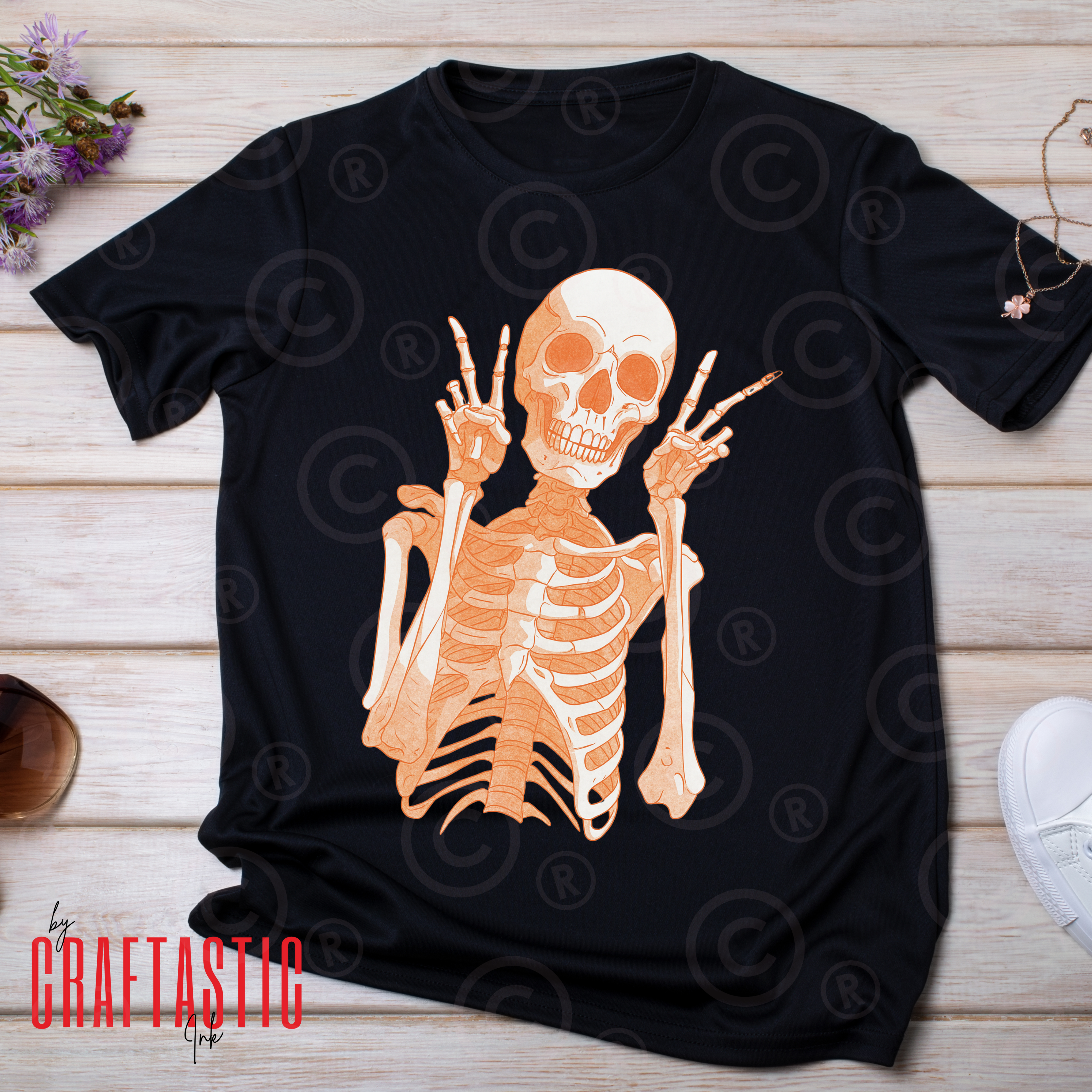 “Black t-shirt with orange skeleton graphic showing double peace signs – unisex Halloween spooky shirt.”